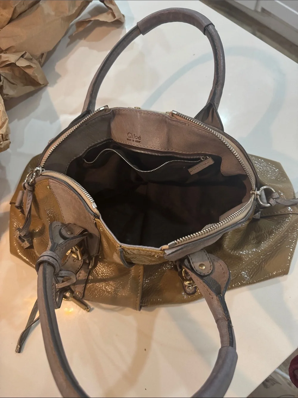 Chloe Olive and Taupe Patent Leather Satchel